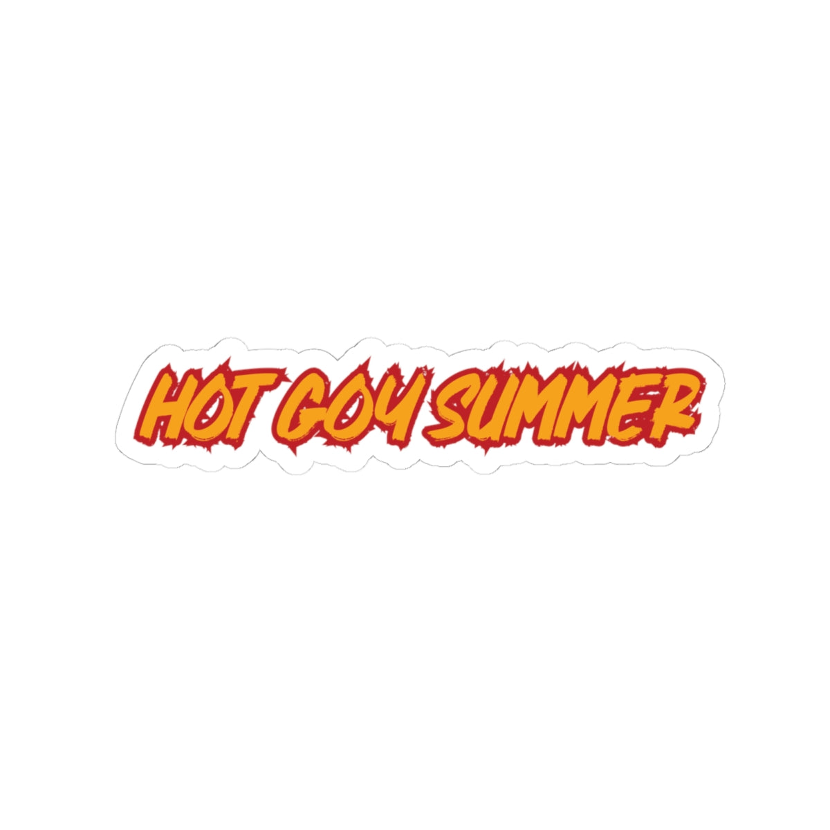 A die-cut sticker featuring the text 'HOT GOY SUMMER' in a bold, stylized orange and yellow font with a red flame-like outline, set against a plain white background.