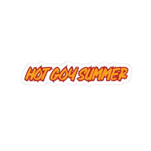A die-cut sticker featuring the text 'HOT GOY SUMMER' in a bold, stylized orange and yellow font with a red flame-like outline, set against a plain white background.