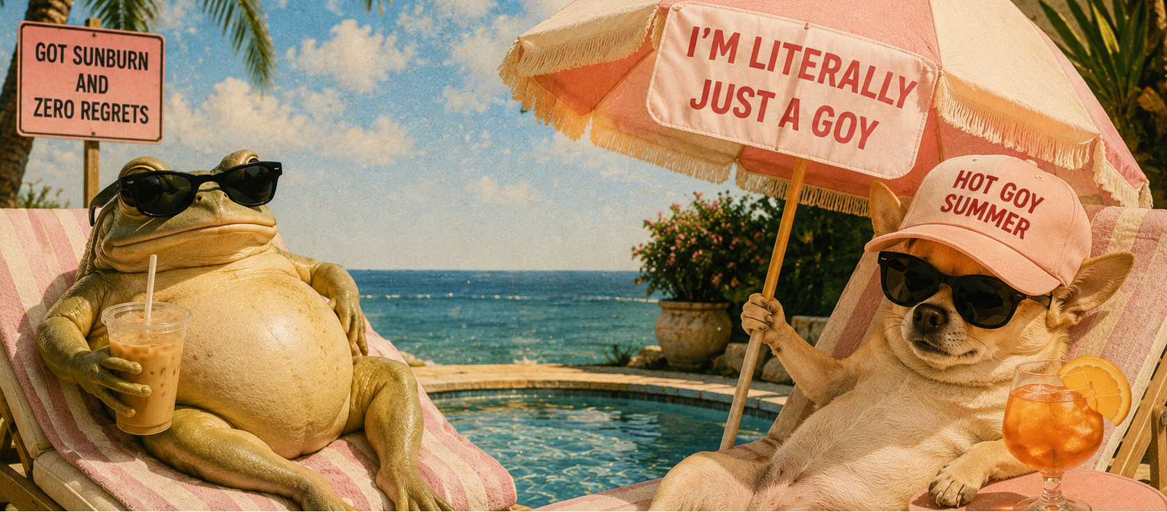 A surreal lifestyle scene at a poolside beach with two anthropomorphic frogs lounging in pink lounge chairs under a pink umbrella. One frog wears a pink cap that says 'HOT GOY SUMMER' and sunglasses.